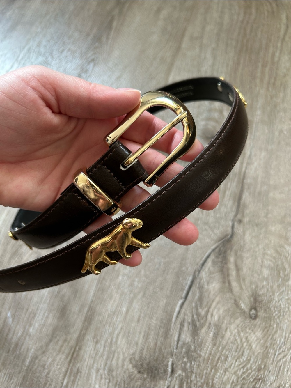 Vintage Brown Leather Belt with Gold-tone Animal Accent